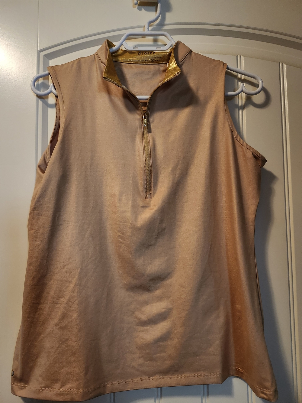 Sleeveless Zip-Front Tank Top in Blush with Gold Trim